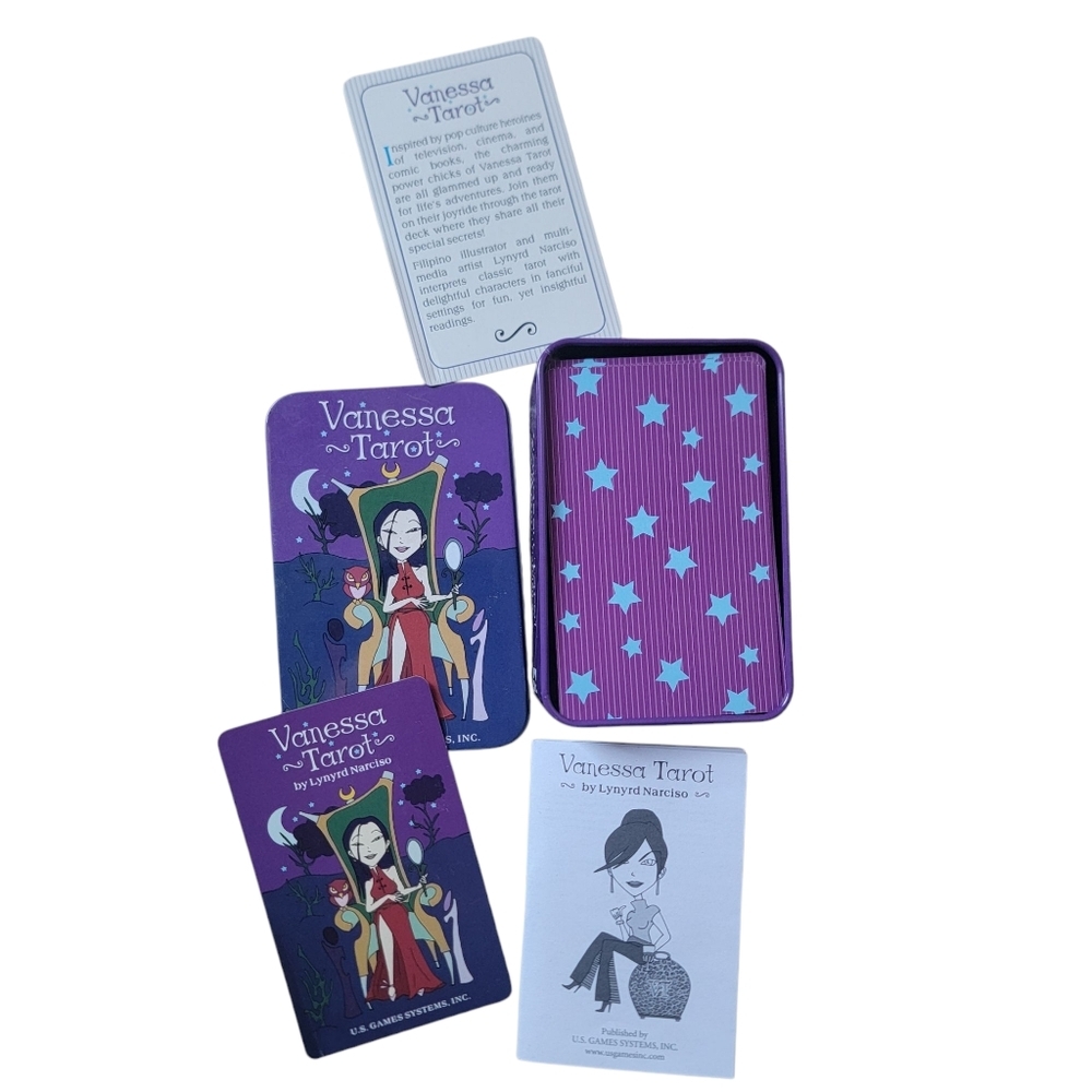 Vanessa Tarot Tin Deck 78 Color Card W Instruction Book Travel size Purple/blue